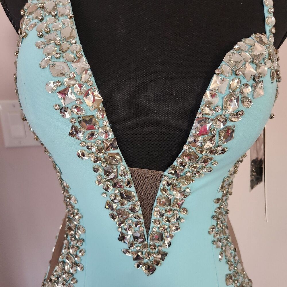 NWT-Jovani Couture Beaded Plunge Gown Tiffany Blue Slit Dress-Size 4 - Picture 14 of 16